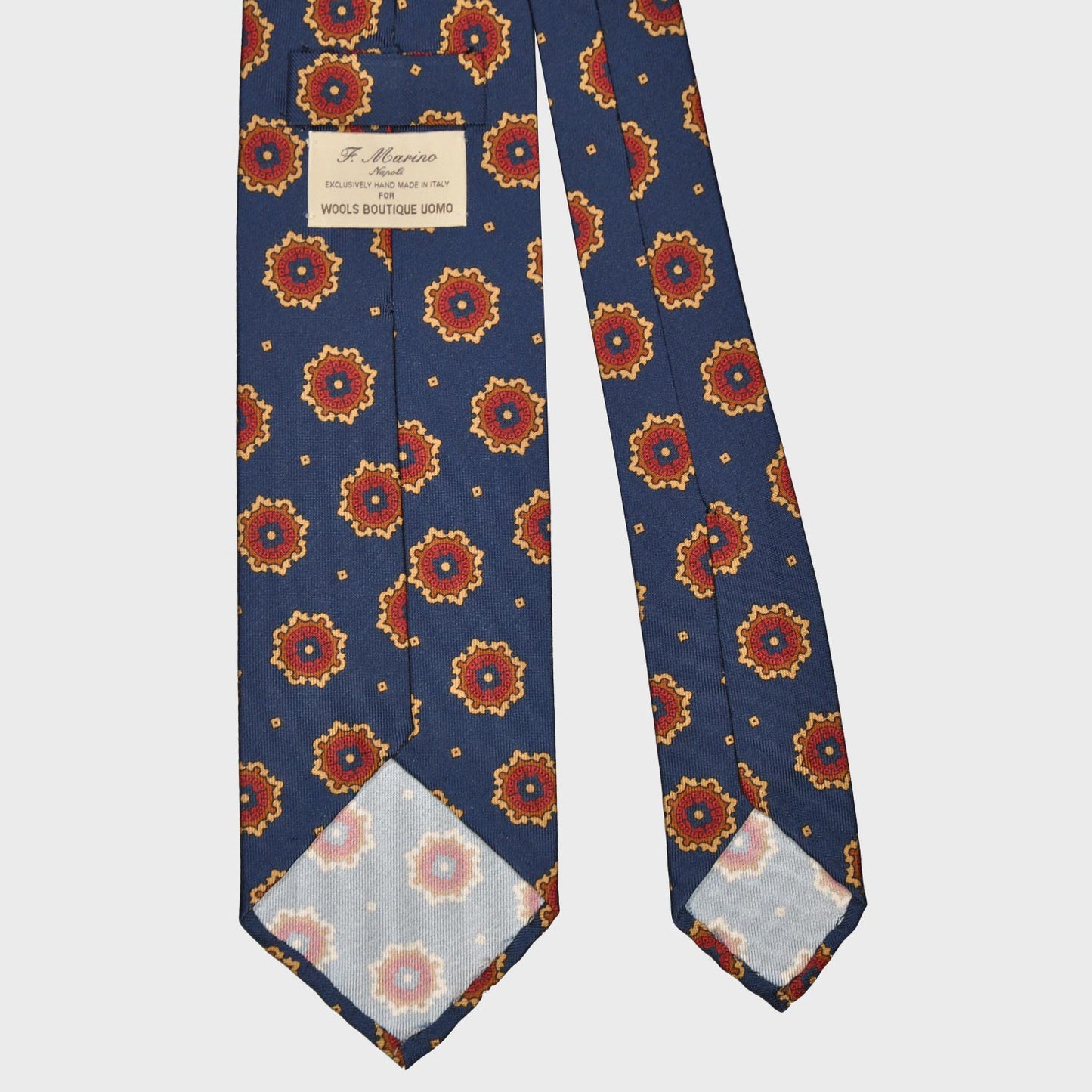 F.Marino Silk Tie 3 Folds Medallions Denim Blue-Wools Boutique Uomo