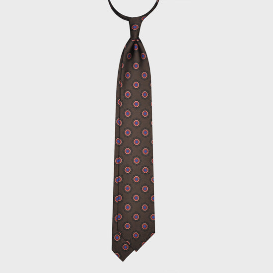 F.Marino Silk Tie 3 Folds Geometric Flower Coffee Brown-Wools Boutique Uomo