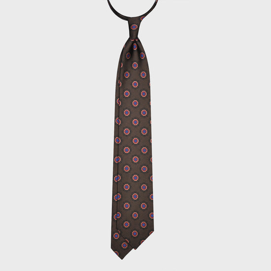 Load image into Gallery viewer, F.Marino Silk Tie 3 Folds Geometric Flower Coffee Brown-Wools Boutique Uomo
