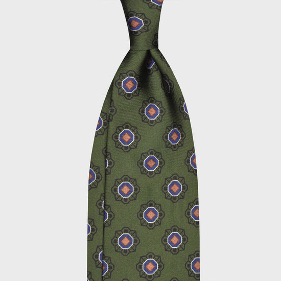 F.Marino Silk Tie 3 Folds Geometric Flower Forest Green-Wools Boutique Uomo