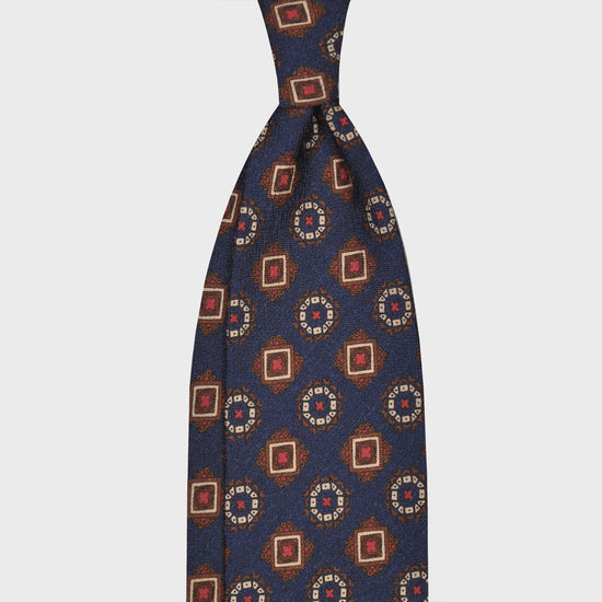 Load image into Gallery viewer, F.Marino Wool Tie 3 Folds Medallions Navy Blue-Wools Boutique Uomo
