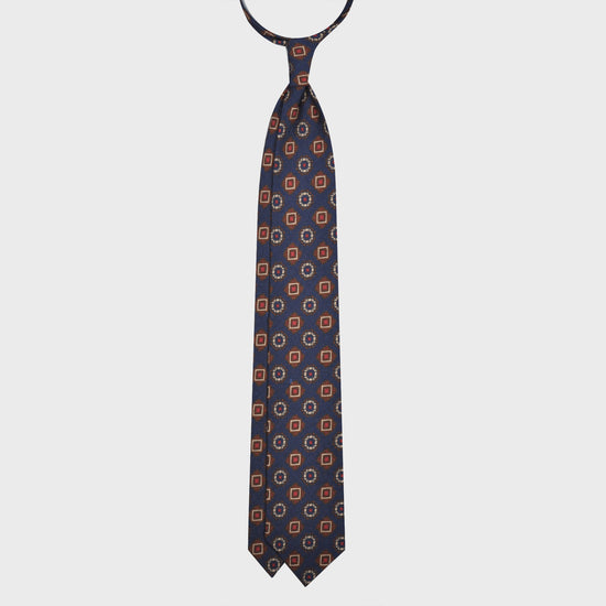 F.Marino Wool Tie 3 Folds Medallions Navy Blue-Wools Boutique Uomo