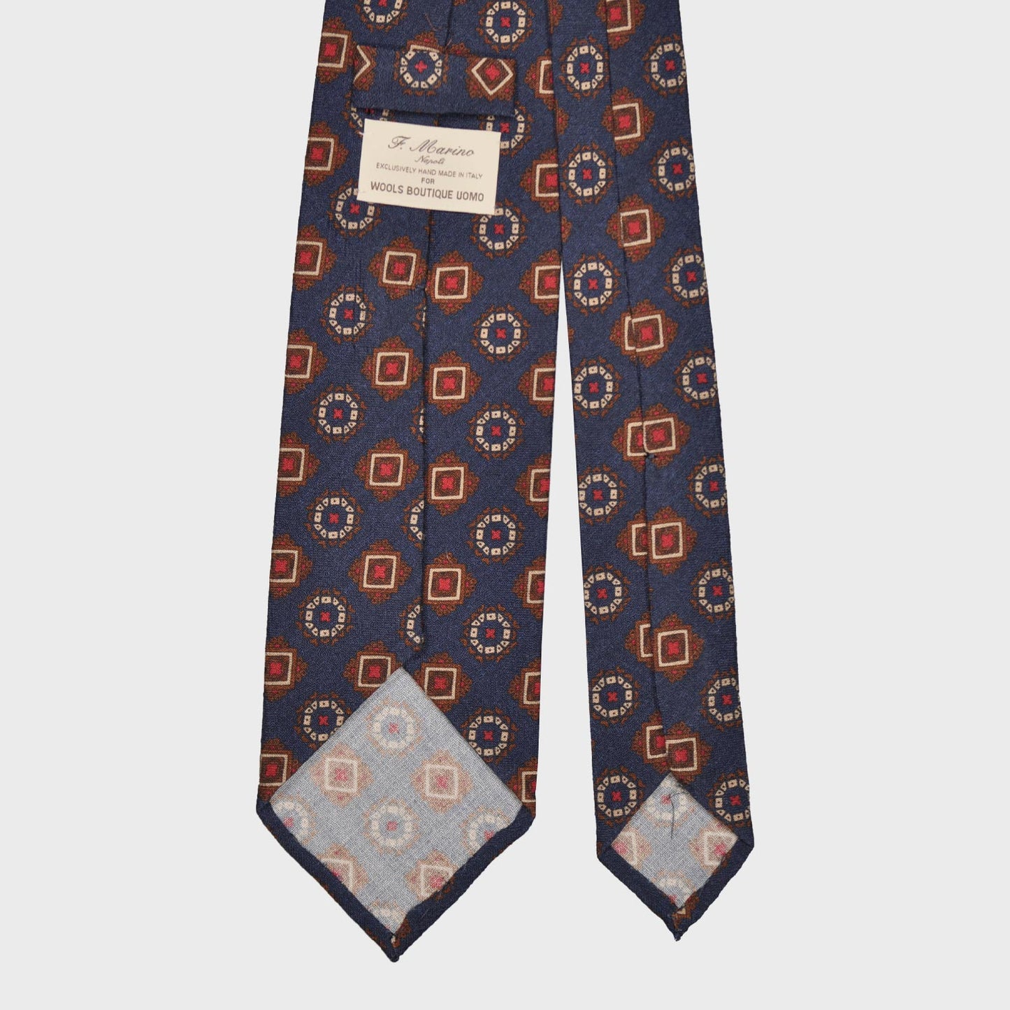 F.Marino Wool Tie 3 Folds Medallions Navy Blue-Wools Boutique Uomo