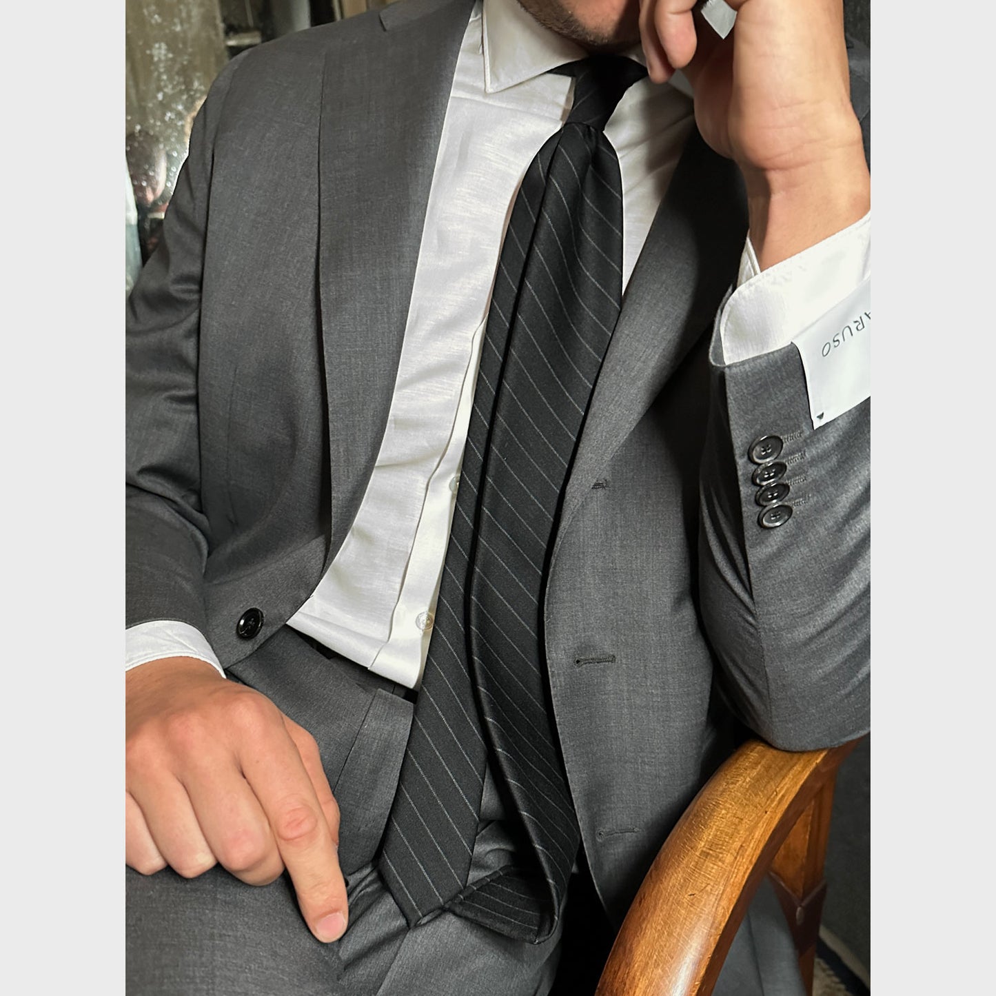 F.Marino Pinstripe Wool Tie 3 Folds Anthracite Grey-Wools Boutique Uomo