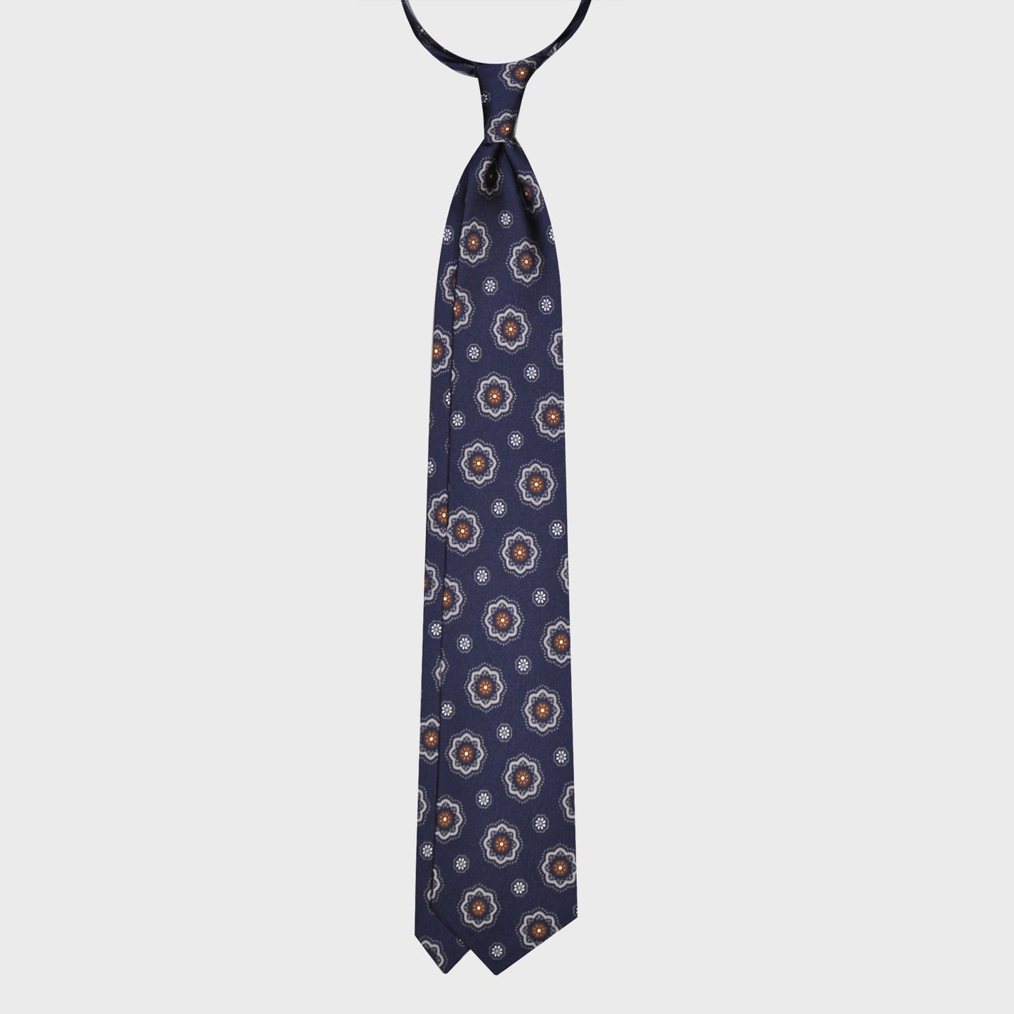 F.Marino Silk Tie 7 Folds Medallions Daisy Navy Blue-Wools Boutique Uomo