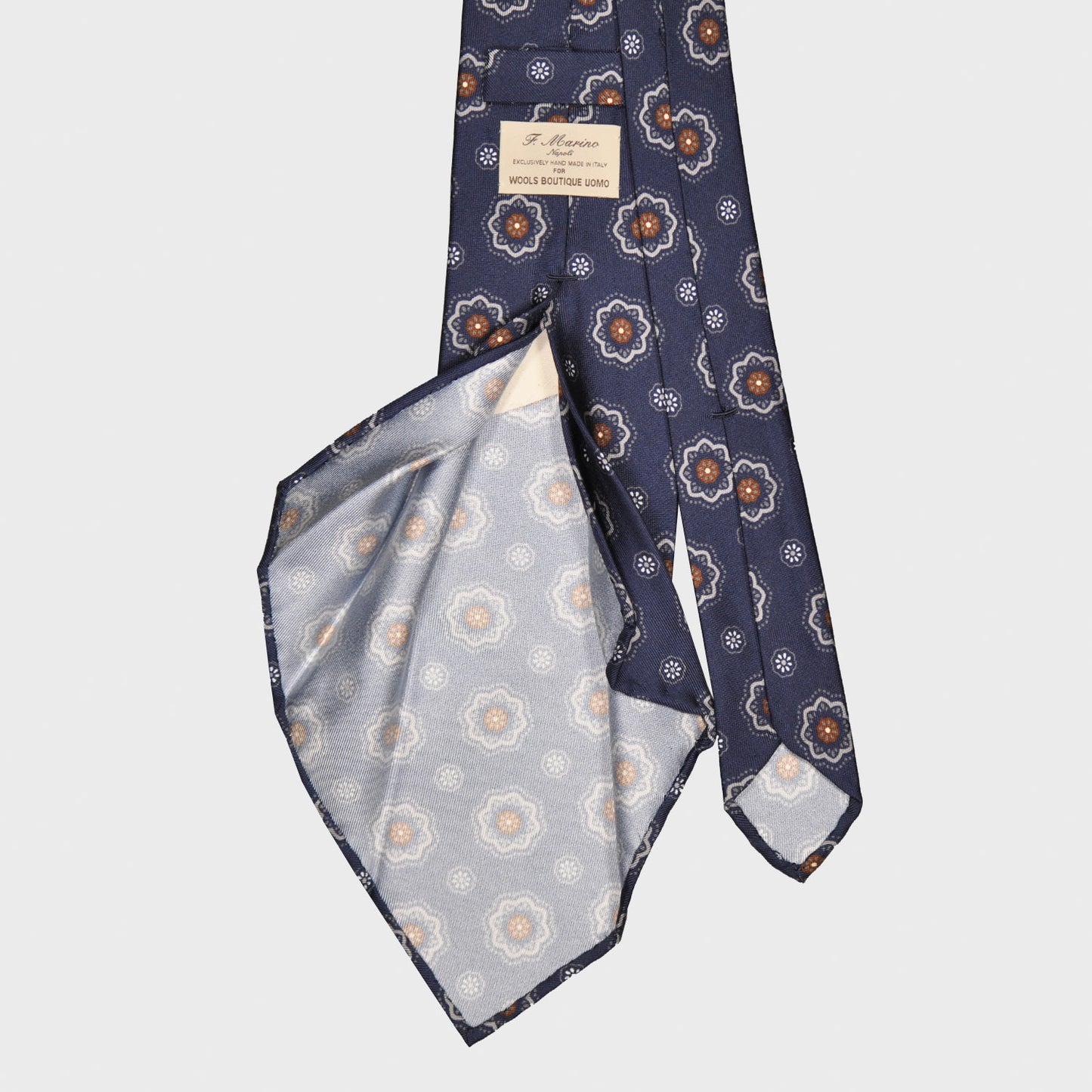 F.Marino Silk Tie 7 Folds Medallions Daisy Navy Blue-Wools Boutique Uomo