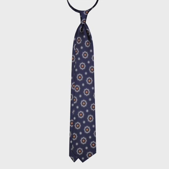 F.Marino Silk Tie 3 Folds Medallions Daisy Navy Blue-Wools Boutique Uomo