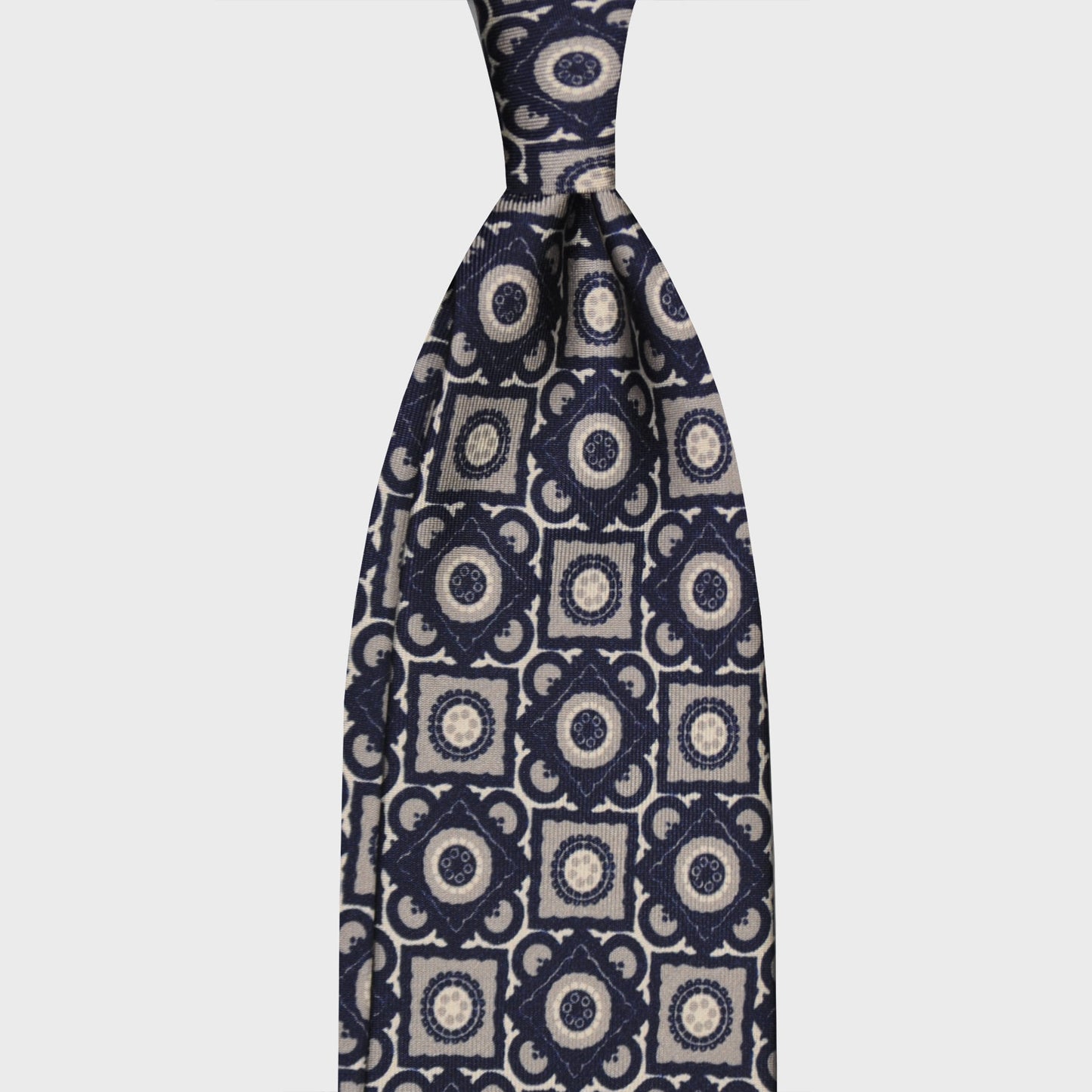 F.Marino Silk Tie 3 Folds Vintage Geometric Pattern Navy Blue-Wools Boutique Uomo