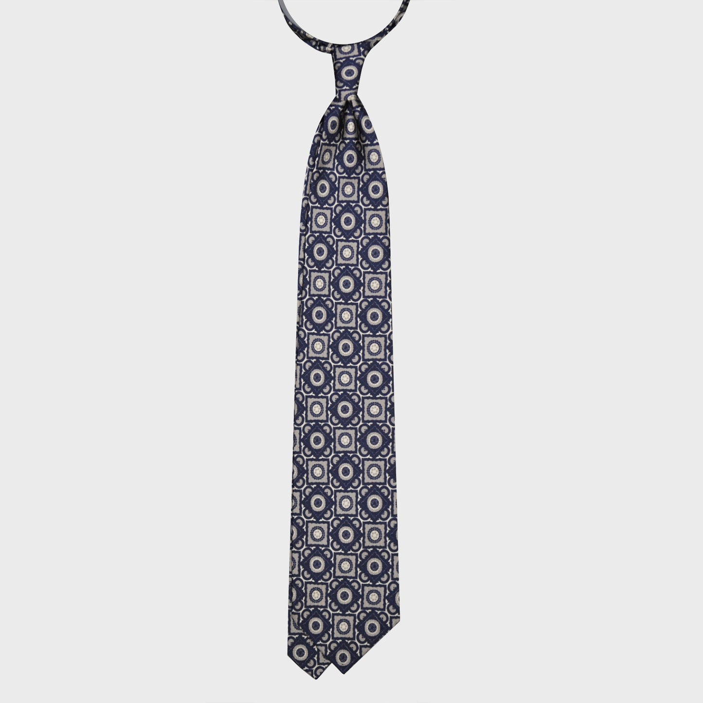 F.Marino Silk Tie 3 Folds Vintage Geometric Pattern Navy Blue-Wools Boutique Uomo