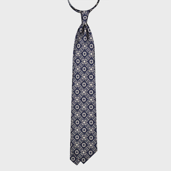 F.Marino Silk Tie 3 Folds Vintage Geometric Pattern Navy Blue-Wools Boutique Uomo
