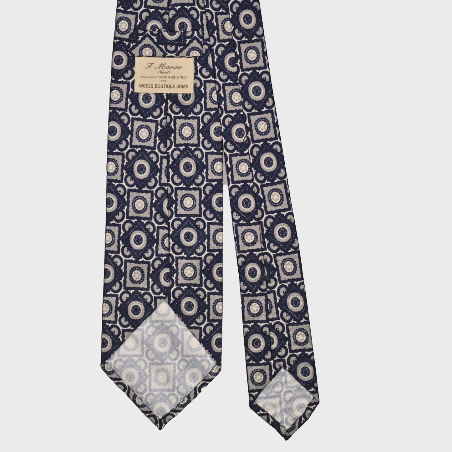 F.Marino Silk Tie 3 Folds Vintage Geometric Pattern Navy Blue-Wools Boutique Uomo