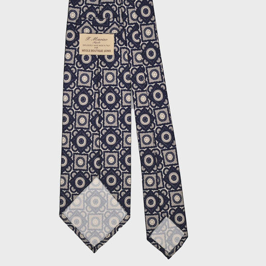 F.Marino Silk Tie 3 Folds Vintage Geometric Pattern Navy Blue-Wools Boutique Uomo