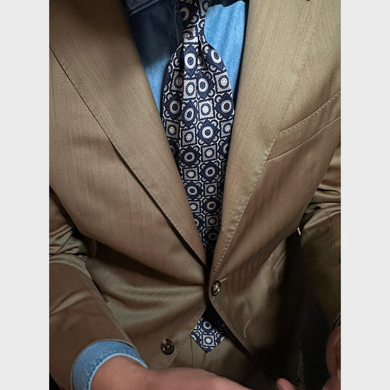 F.Marino Silk Tie 3 Folds Vintage Geometric Pattern Navy Blue-Wools Boutique Uomo