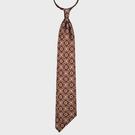 F.Marino Silk Tie 3 Folds Vintage Geometric Pattern Coffee Brown-Wools Boutique Uomo