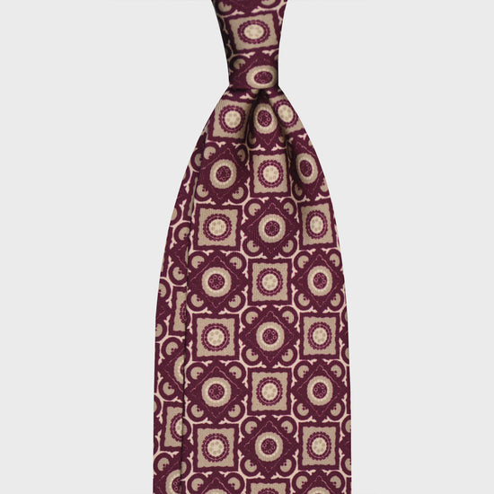 F.Marino Silk Tie 3 Folds Vintage Geometric Pattern Dark Mauve-Wools Boutique Uomo