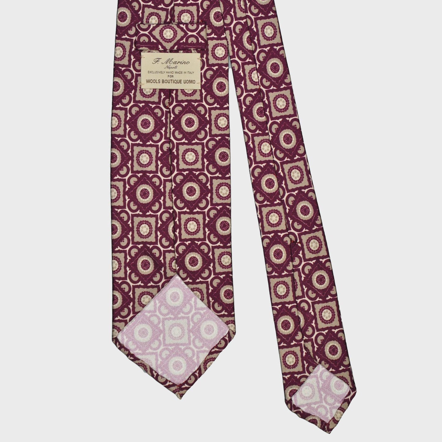 F.Marino Silk Tie 3 Folds Vintage Geometric Pattern Dark Mauve-Wools Boutique Uomo