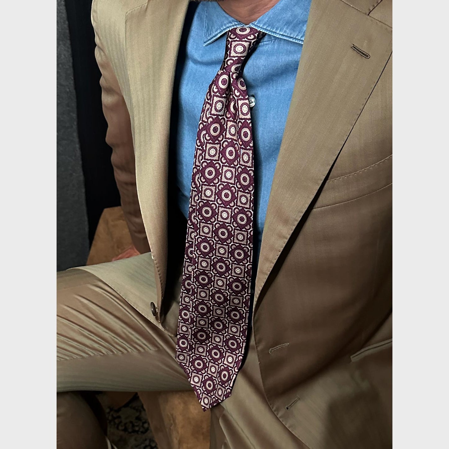 F.Marino Silk Tie 3 Folds Vintage Geometric Pattern Dark Mauve-Wools Boutique Uomo