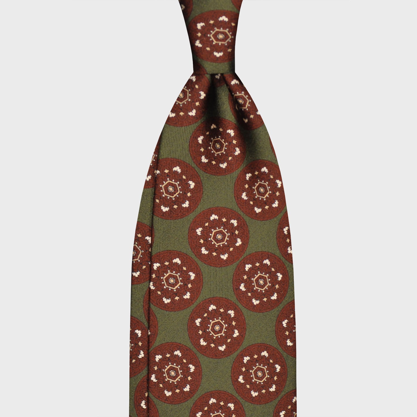F.Marino Silk Tie 3 Folds Mandala Medallions Army Green-Wools Boutique Uomo
