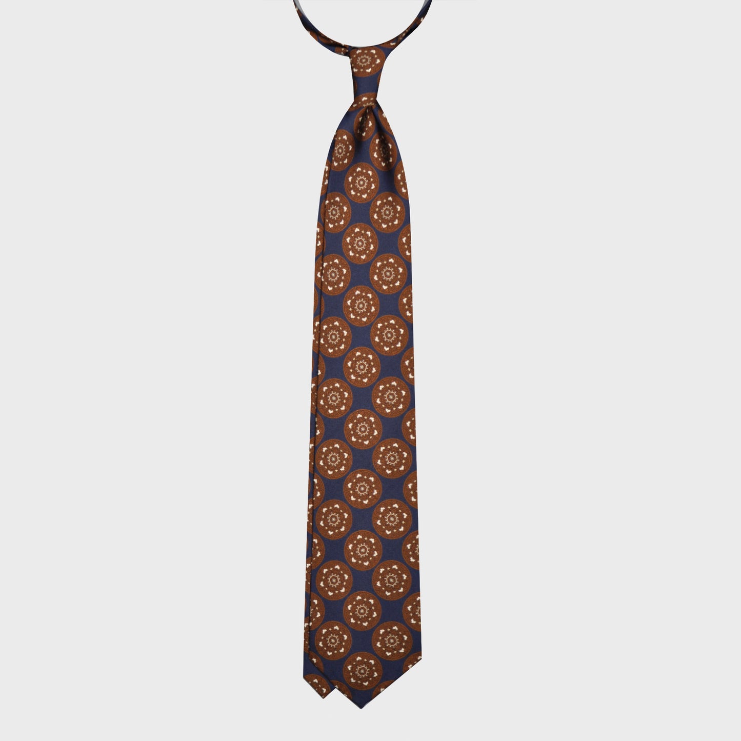 F.Marino Silk Tie 3 Folds Mandala Medallions Navy Blue-Wools Boutique Uomo