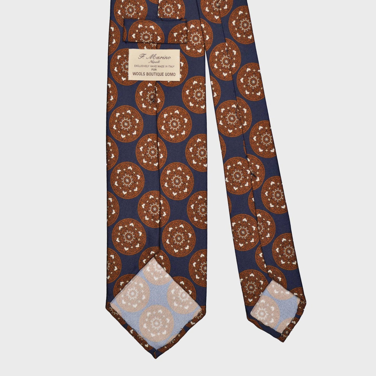 F.Marino Silk Tie 3 Folds Mandala Medallions Navy Blue-Wools Boutique Uomo