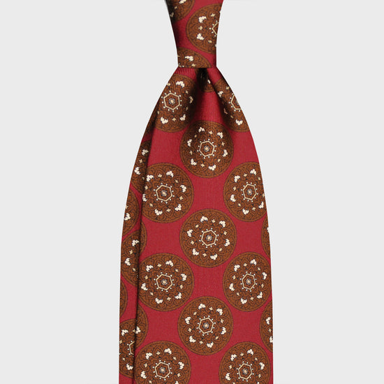 F.Marino Silk Tie 3 Folds Mandala Medallions Ruby Red-Wools Boutique Uomo