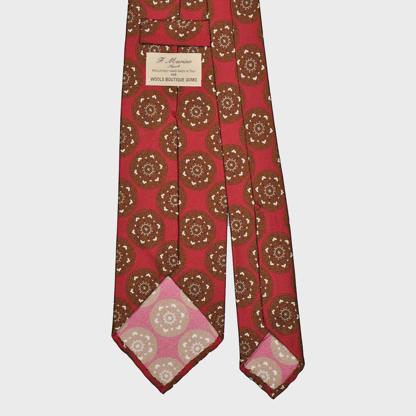 F.Marino Silk Tie 3 Folds Mandala Medallions Ruby Red-Wools Boutique Uomo