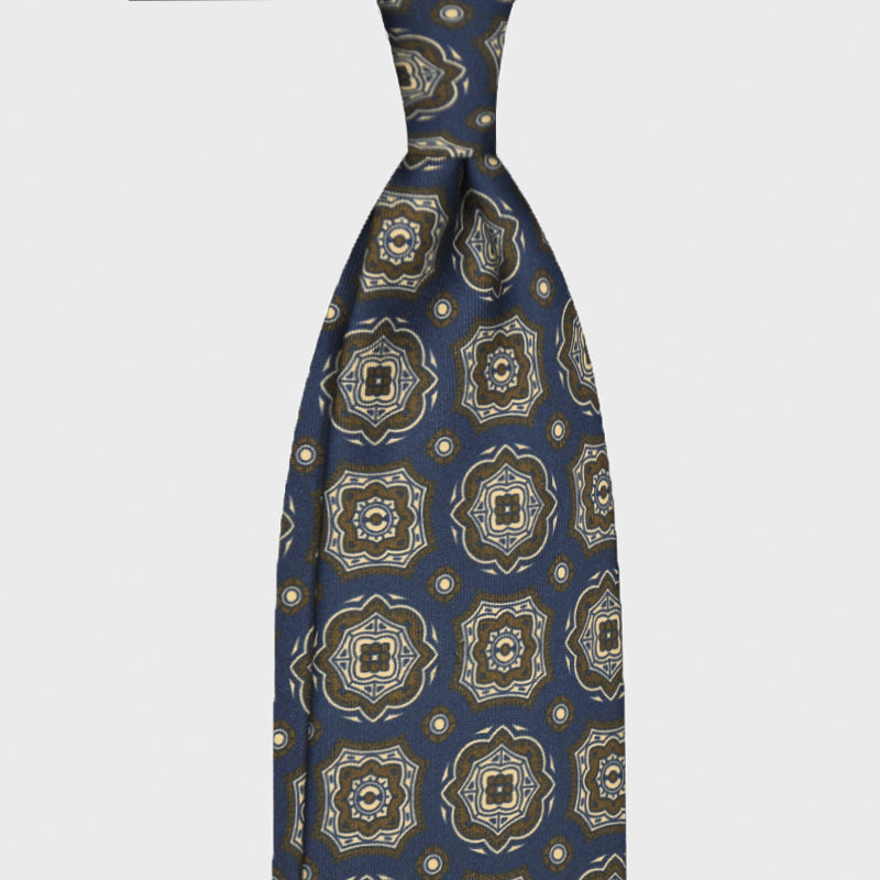 F.Marino Medallion Print Silk Tie 3 Folds Denim Blue-Wools Boutique Uomo