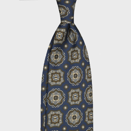 F.Marino Medallion Print Silk Tie 3 Folds Denim Blue-Wools Boutique Uomo