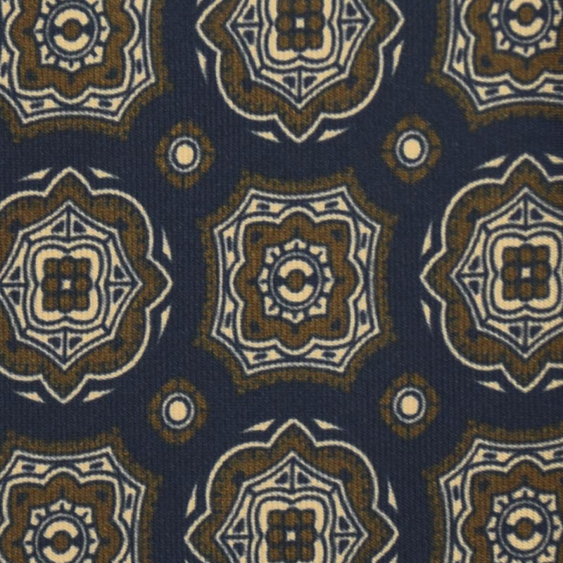 F.Marino Medallion Print Silk Tie 3 Folds Denim Blue-Wools Boutique Uomo