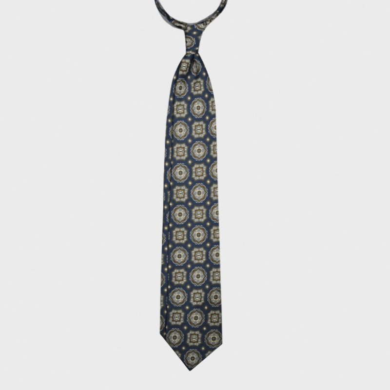 F.Marino Medallion Print Silk Tie 3 Folds Denim Blue-Wools Boutique Uomo