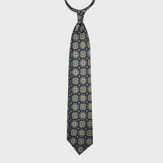 F.Marino Medallion Print Silk Tie 3 Folds Denim Blue-Wools Boutique Uomo