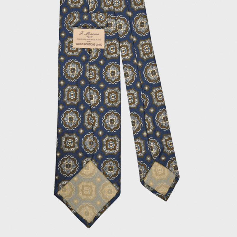 F.Marino Medallion Print Silk Tie 3 Folds Denim Blue-Wools Boutique Uomo