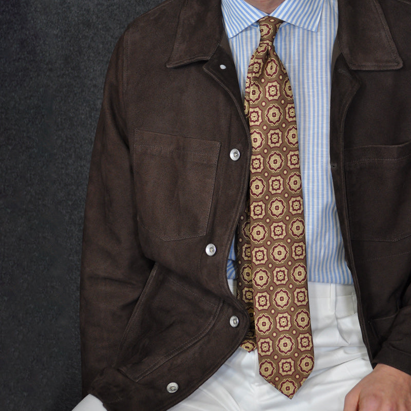 F.Marino Medallion Print Silk Tie 3 Folds Chewy Caramel Brown-Wools Boutique Uomo