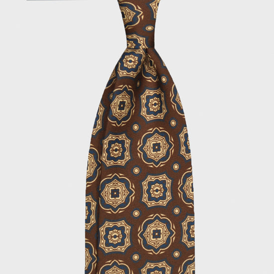 F.Marino Medallion Print Silk Tie 3 Folds Moka Brown-Wools Boutique Uomo