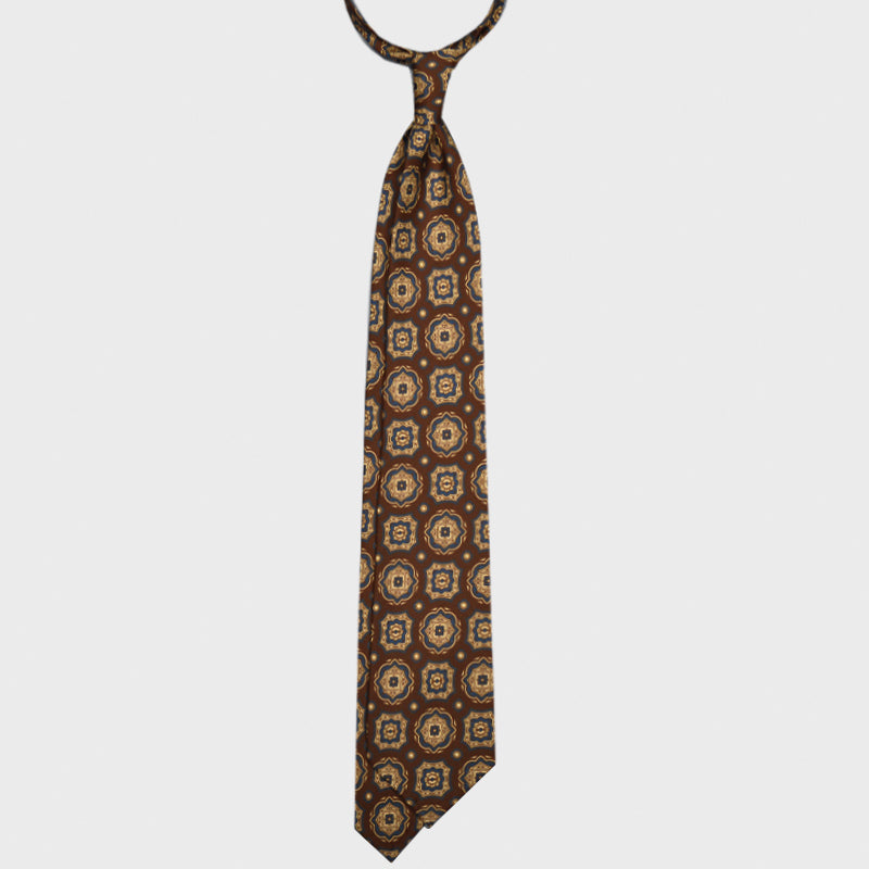 F.Marino Medallion Print Silk Tie 3 Folds Moka Brown-Wools Boutique Uomo