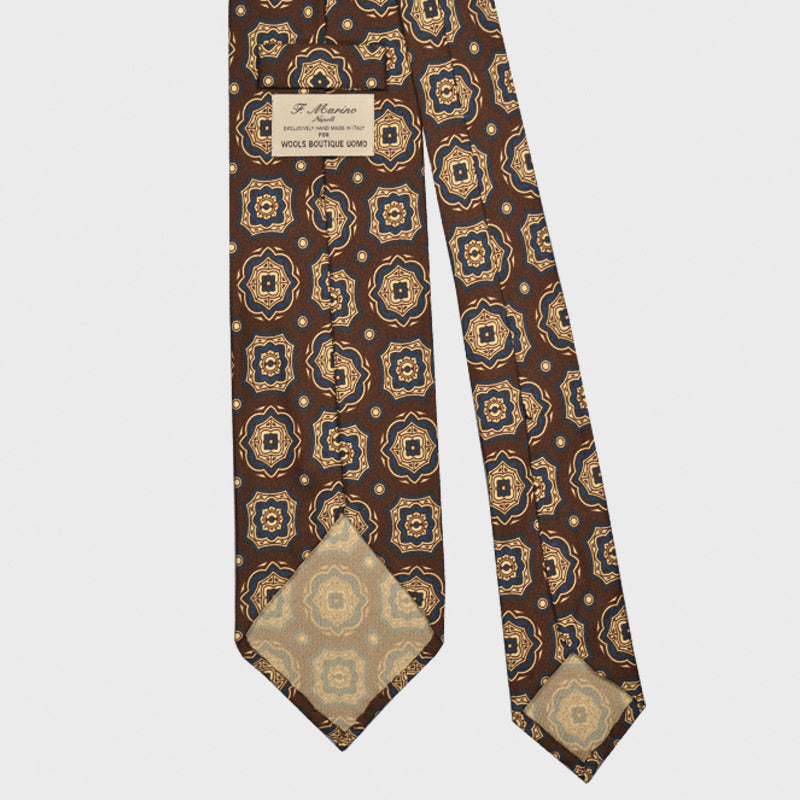 F.Marino Medallion Print Silk Tie 3 Folds Moka Brown-Wools Boutique Uomo