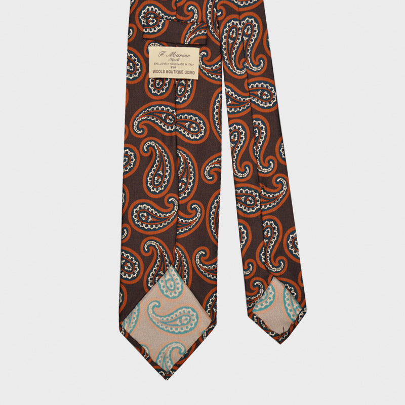 F.Marino Silk Tie 3 Folds Paisley Cacao Brown-Wools Boutique Uomo