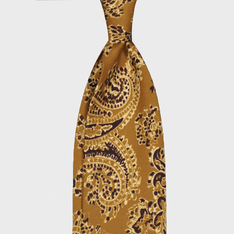 F.Marino Big Paisley Print Silk Tie 3 Folds Curry-Wools Boutique Uomo