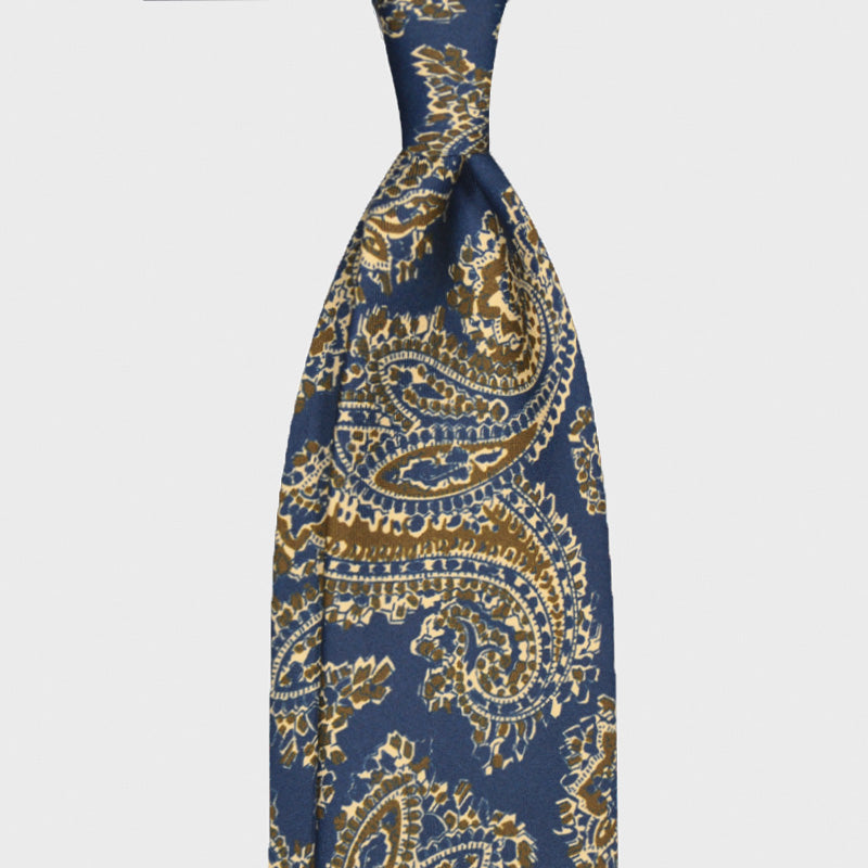 F.Marino Big Paisley Print Silk Tie 3 Folds Denim Blue-Wools Boutique Uomo