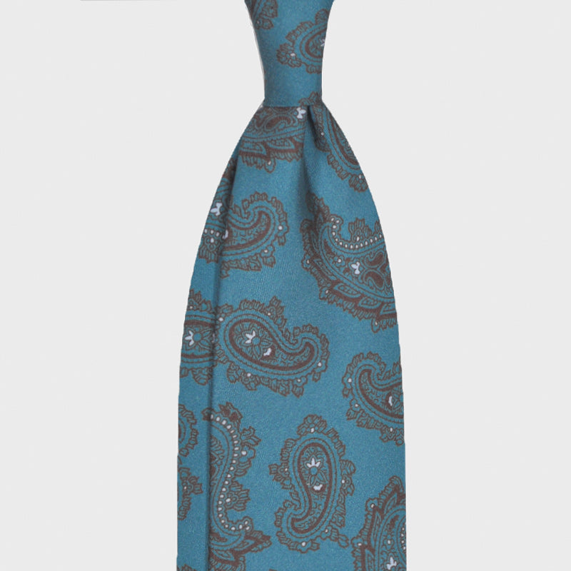 F.Marino Paisley Print Silk Tie 3 Folds Turquoise-Wools Boutique Uomo