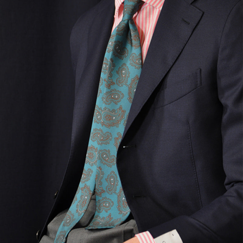 F.Marino Paisley Print Silk Tie 3 Folds Turquoise-Wools Boutique Uomo