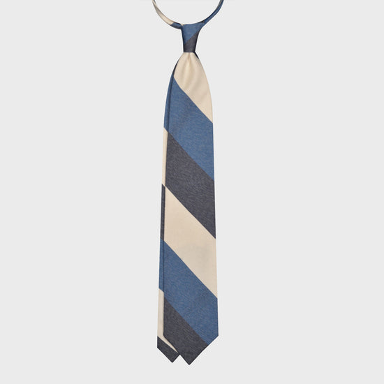 F.Marino Panama Silk Tie 3 Folds Regimental Maxi Stripes Denim-Wools Boutique Uomo