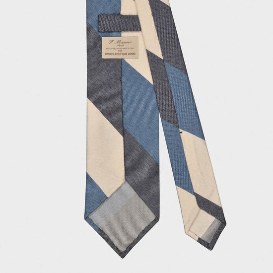 F.Marino Panama Silk Tie 3 Folds Regimental Maxi Stripes Denim-Wools Boutique Uomo