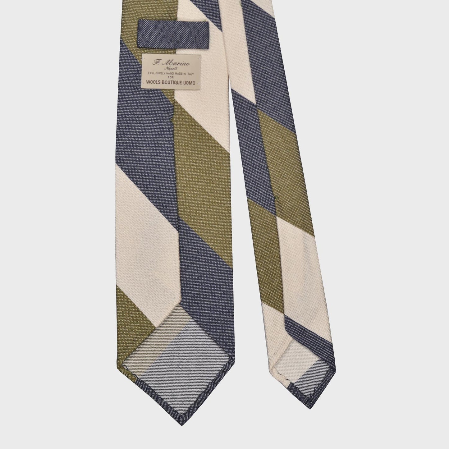 F.Marino Panama Silk Tie 3 Folds Regimental Maxi Stripes Olive-Wools Boutique Uomo