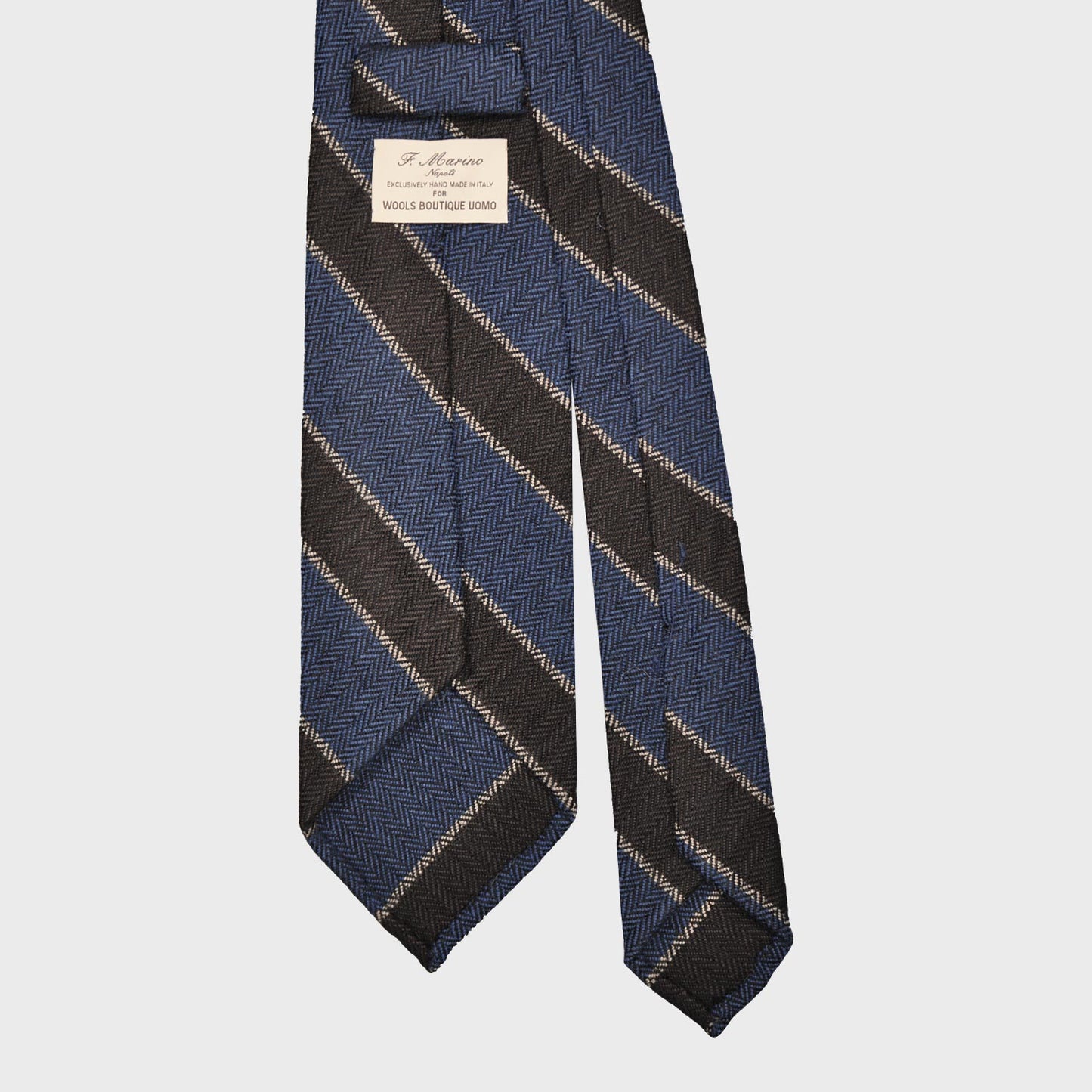 F.Marino Herringbone Regimental Wool Tie 3 Folds Denim Blue-Wools Boutique Uomo