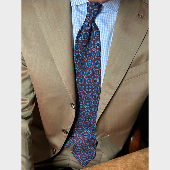 F.Marino Silk Tie 3 Folds Medallions Burgundy Red-Wools Boutique Uomo