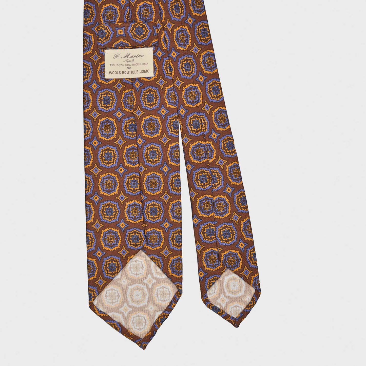 F.Marino Silk Tie 3 Folds Medallions Rust Brown-Wools Boutique Uomo