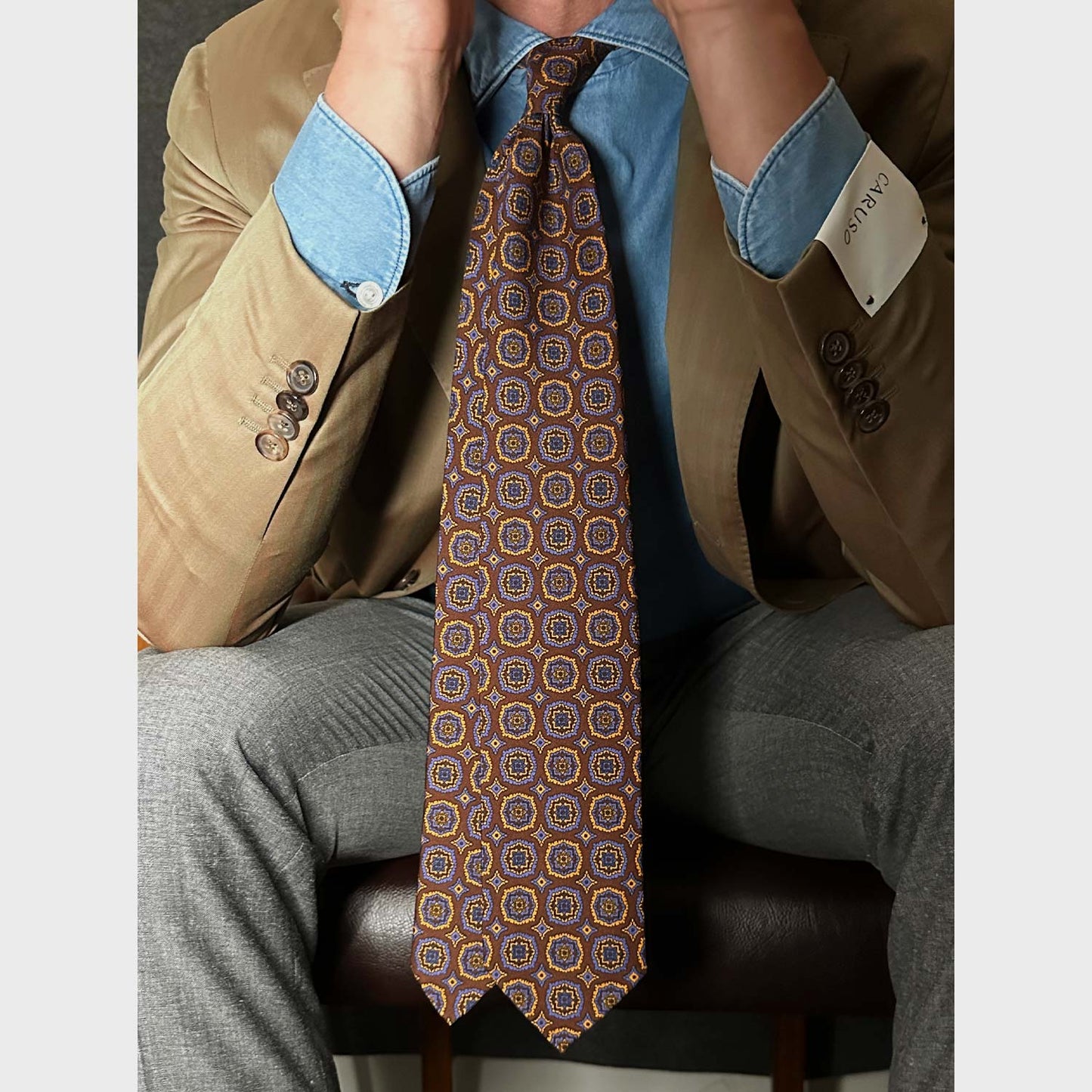 F.Marino Silk Tie 3 Folds Medallions Rust Brown-Wools Boutique Uomo