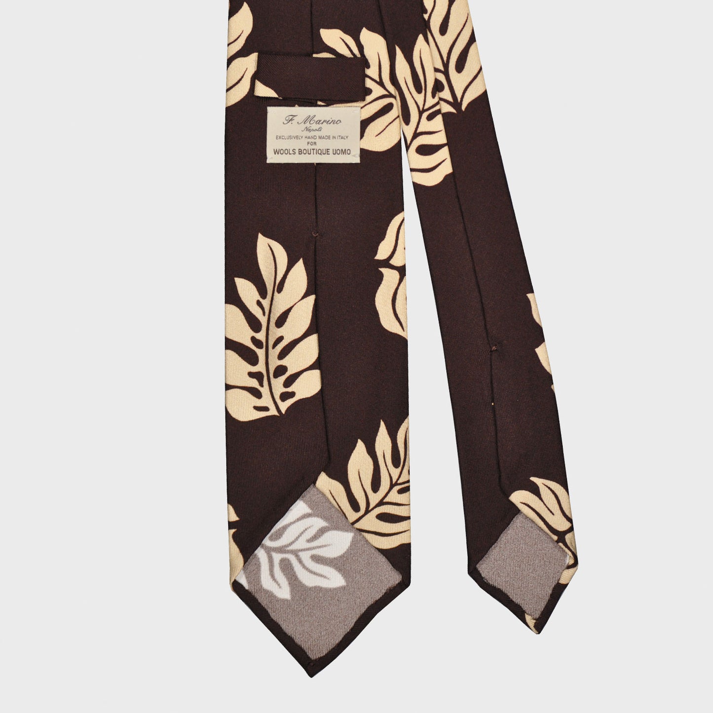 F.Marino Silk Tie 3 Folds Tropical Leaves Beige-Wools Boutique Uomo