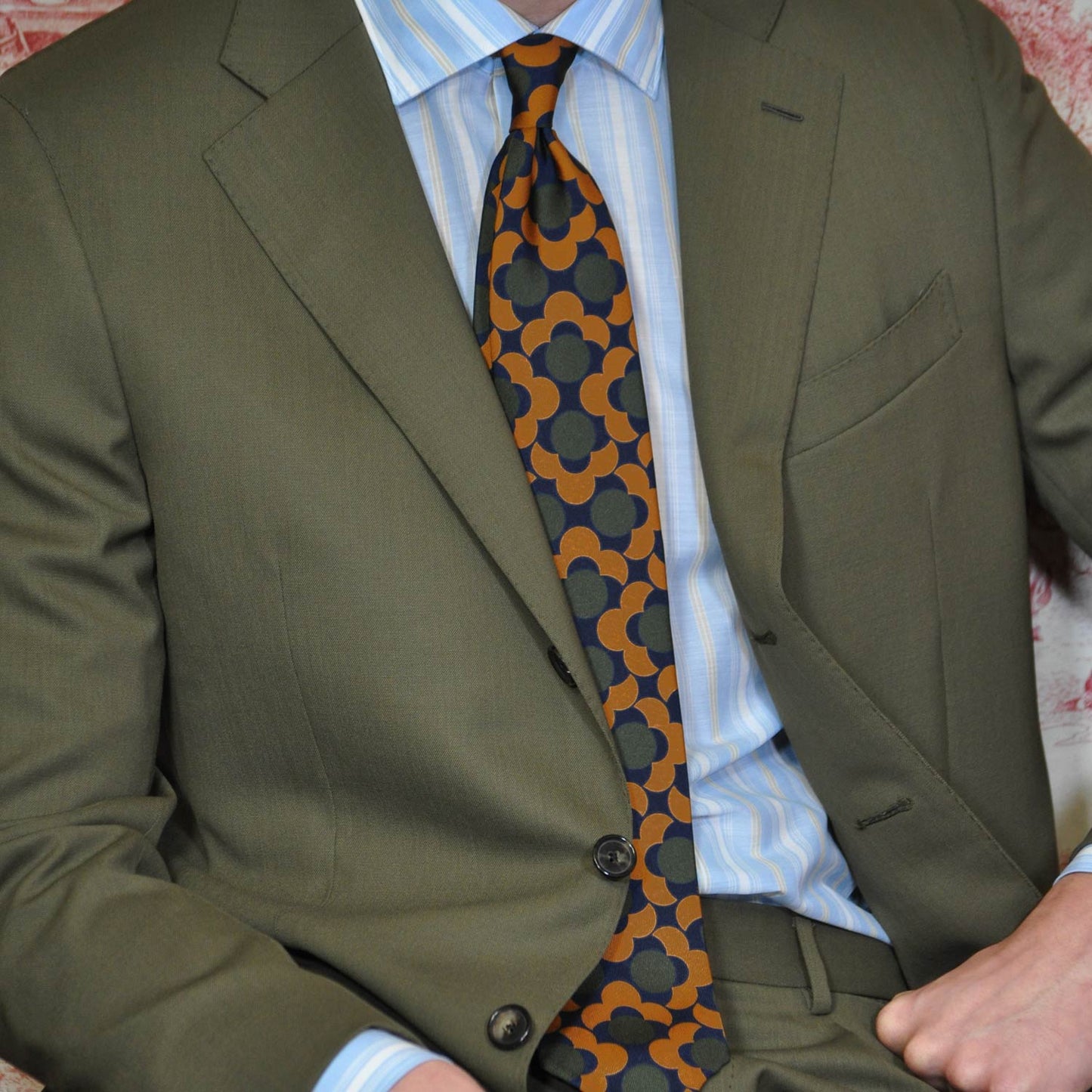 F.Marino Silk Tie 3 Folds Geometric Daisy Blue-Wools Boutique Uomo